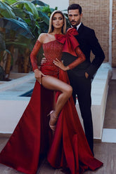 Mermaid Prom Dress Long Sleeve Beaded Asymmetric Neck Evening Dress