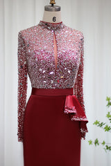 Mermaid Prom Dress Long Sleeve High Neck Beaded Evening Dress