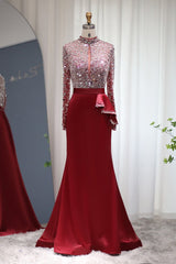 Mermaid Prom Dress Long Sleeve High Neck Beaded Evening Dress