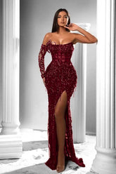 Mermaid Prom Dress Long Sleeve Strapless Sequined Evening Dress