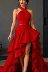 Mermaid Prom Dress Sleeveless Halter Neck Satin High Low Evening Dress