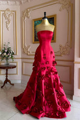 Mermaid Prom Dress Sleeveless Strapless Satin Evening Dress With 3D Flowers