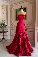 Mermaid Prom Dress Sleeveless Strapless Satin Evening Dress With 3D Flowers