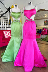 Mermaid Prom Dress Spaghetti Straps Long Evening Dress with Bow