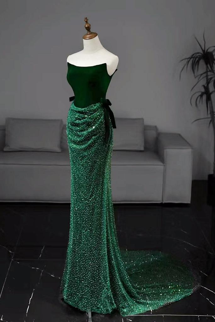 Mermaid Prom Dress Tulle Velvet Green Long Formal Evening Dress