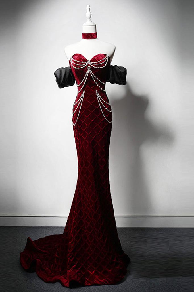 Mermaid Prom Dress Velvet Burgundy Long Evening Dress