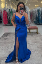 Mermaid Royal Blue Prom Dress Satin Formal Dress With Slit