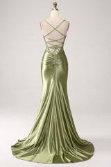 Mermaid Sage Prom Dress Spaghetti Straps Lace up Back Evening Dress With Slit