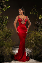 Mermaid Satin Off The Shoulder Sleeveless Red Prom Dress Formal Dress With Rhinestone