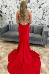 Mermaid Spaghetti Straps Red Prom Dress Long Evening Dress With Slit