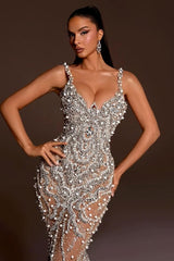 Mermaid Spaghetti Straps Wedding Dress Beaded Tulle Bridal Gown