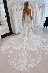 Mermaid Tulle Lace Spaghetti Straps Sleeveless White Wedding Dress Bridal Gown With Appliques Train