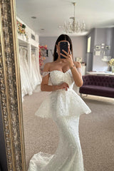 Mermaid Tulle Lace Sweetheart Sleeveless White Wedding Dress Bridal Gown With Appliques