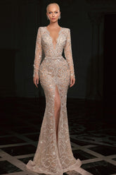 Mermaid V Neck Sleeves Beaded Sequined Slit Tulle Formal Dress With Rhinestones