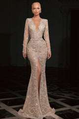 Mermaid V Neck Sleeves Beaded Sequined Slit Tulle Formal Dress With Rhinestones