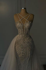 Mermaid V Neck Spaghetti Strap Heavy Bridal Gown With Beadings