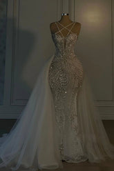 Mermaid V Neck Spaghetti Strap Heavy Bridal Gown With Beadings