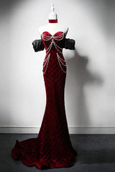 Mermaid Velvet Evening Dress Burgundy Long Christmas Party Dress