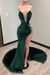 Mermaid Velvet Prom Dress V Neck Spaghetti Strap Beaded High Split Formal Dress