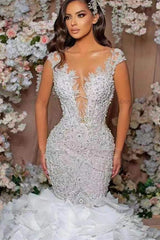 Mermaid Wedding Dress Sleeveless Organza Bridal Gown With Beadings and Rhinestones
