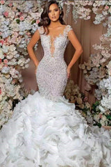 Mermaid Wedding Dress Sleeveless Organza Bridal Gown With Beadings and Rhinestones