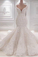 Mermaid Wedding Dress V Neck Beaded Lace Appliques Bridal Dress