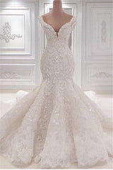 Mermaid Wedding Dress V Neck Beaded Lace Appliques Bridal Dress