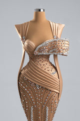 Dreamyannie Mermaid Formal Dress Champagne Sweetheart Neck Prom Dress with Beadings and Rhinestones