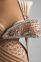 Dreamyannie Mermaid Formal Dress Champagne Sweetheart Neck Prom Dress with Beadings and Rhinestones