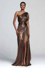 Metallic Brown One Shoulder Long Mermaid Prom Dress With Slit