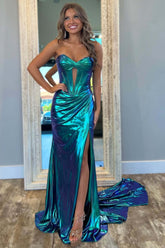 Dreamyannie Turquoise Prom Dress Mermaid Ruche Metallic Long Evening Dress With Slit