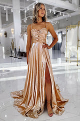 Metallic Gold Prom Dress A Line Spaghetti Straps Formal Dress With Slit