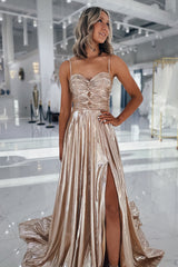 Metallic Gold Prom Dress A Line Spaghetti Straps Formal Dress With Slit