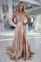 Metallic Gold Prom Dress A Line Spaghetti Straps Formal Dress With Slit