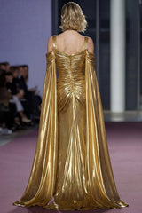 Metallic Golden Cold Shoulder Long Gala Dress With Slit