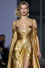 Metallic Golden Cold Shoulder Long Gala Dress With Slit