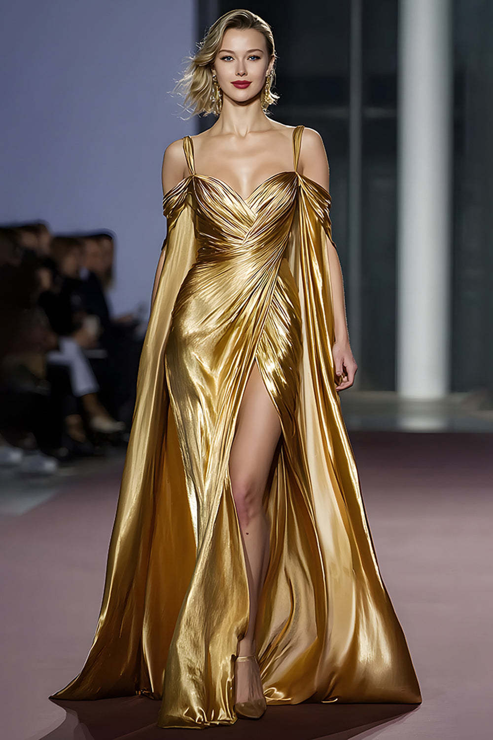 Metallic Golden Cold Shoulder Long Gala Dress With Slit