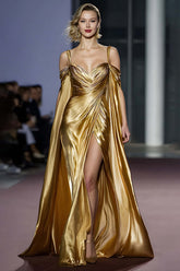 Metallic Golden Cold Shoulder Long Gala Dress With Slit