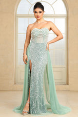 Mint Green Beaded Formal Dress Strapless Sheath Wedding Party Dress with Panel Train