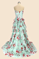 Mint Green Watercolor Floral Strapless Prom Dress With Sweetheart Tiered Chiffon Train Formal Evening Gown