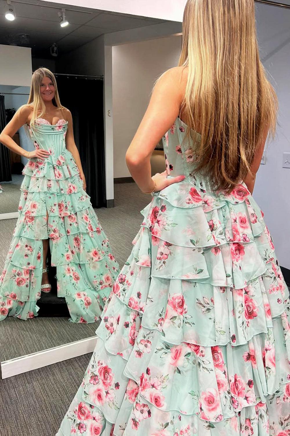 Mint Green Watercolor Floral Strapless Prom Dress With Sweetheart Tiered Chiffon Train Formal Evening Gown