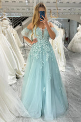 Mint Prom Dress A Line Tulle Off the Shoulder Long Evening Dress With Appliques