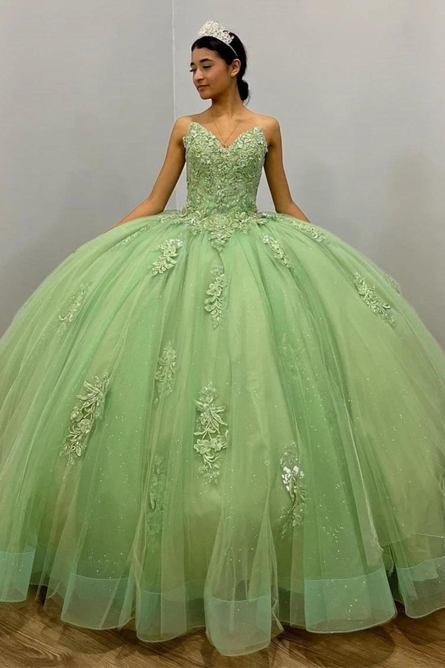 Dreamyannie UK Modern Ball Gown Strapless Sleeveless Lace Appliques 3D Flower Beaded Sage Green Tulle Quinceanera Dress For Sweet 16 Dreamyannie UK Modern Ball Gown Strapless Sleeveless Lace Appliques 3D Flower Beaded Sage Green Tulle Quinceanera Dress For Sweet 16