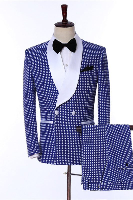 Modern Blue Shawl Lapel 2 Piece Dot Wedding Suit