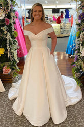 Modern Off-the-Shoulder White Corset Beach Wedding Dress with Pockets