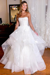 Modern Simple White Corset A-Line Asymmetrical Wedding Dress with Floral Accents