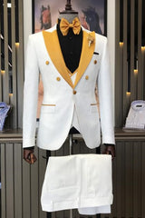 Modern White 3 Piece Jacquard Wedding Suit with Yellow Peaked Lapel