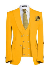Modern Yellow 3 Piece Peaked Lapel Men's Prom Suit