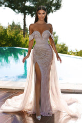 Modest Off the Shoulder Mermaid Evening Dress with Ruffles and Beadings