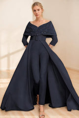 Mother of the Bride Off-the-Shoulder Pantsuit with 3/4 Sleeves Appliques and Belt